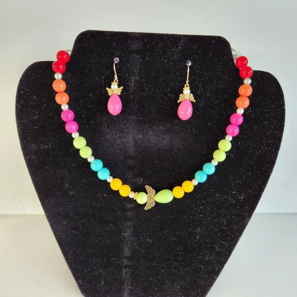 Hand Crafted Necklace and Pierced Drop Earrings Angel Wings Pearls Pink Beads